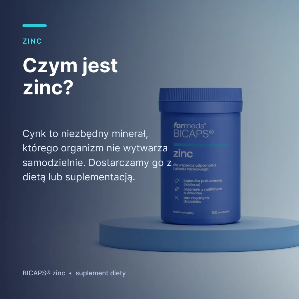 Karta: czym jest cynk, słoik Bicaps Zinc na podeście